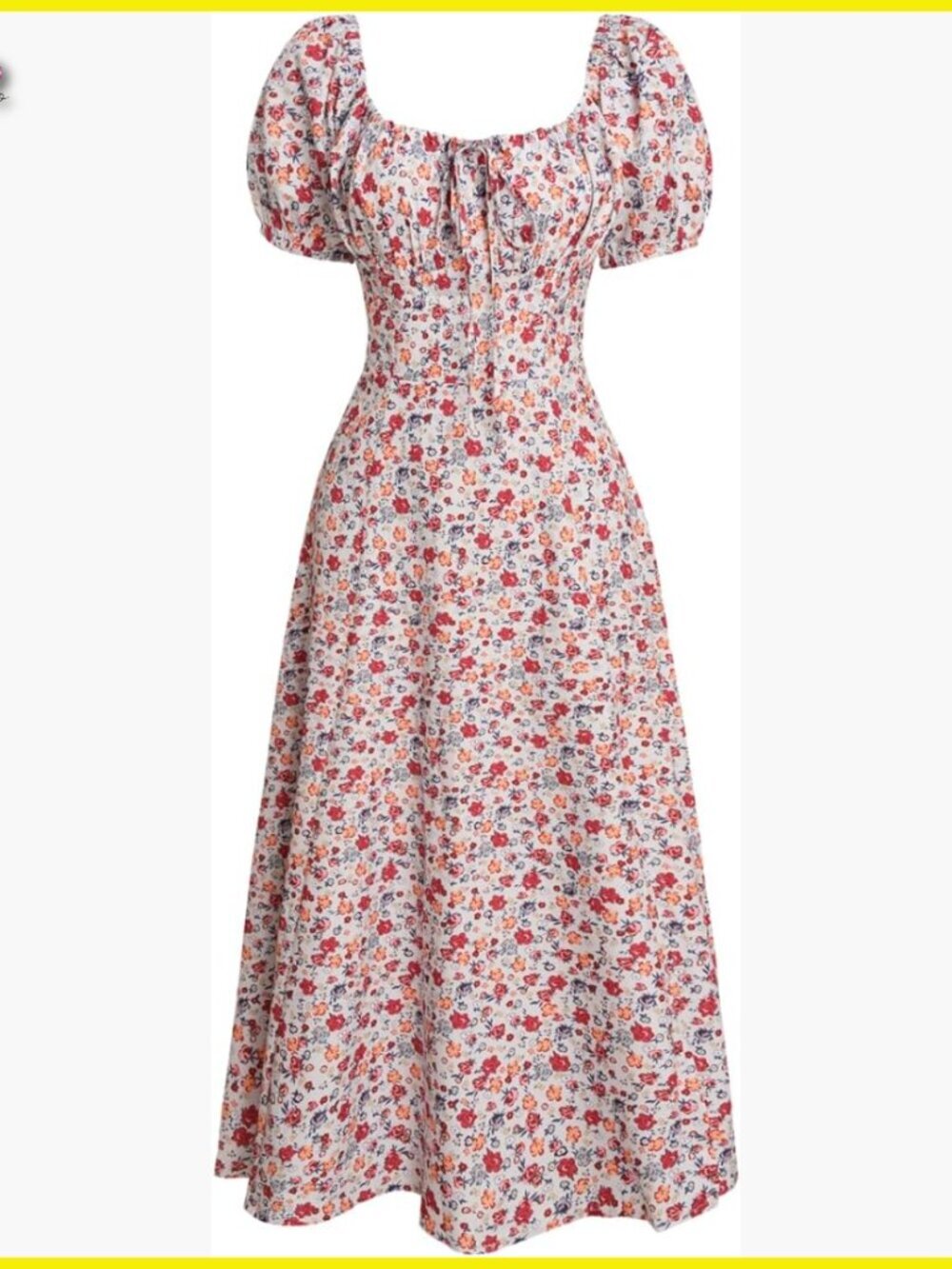 Vintage Square Neck Midi Dress Adjustable Bust Floral A-Line Summer Chic